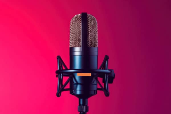 Close up of a studio podcast microphone on gradient red background.