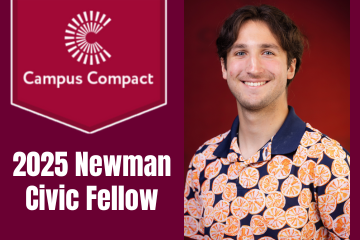 a man smiling for a picture next to the Campus Compact banner, along with the the 2025 Newman Civic Fellow announcement text.