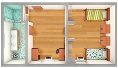 Bird's-eye view of the 2-person standard rooms in Cobb, Troutman and Wheeler halls in the Towers Community.