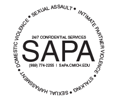 Sexual Assault Peer Advocates contact information circle logo.