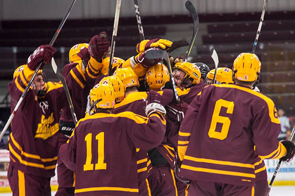 Hockey team members in maroon and gold uniforms celebrate together