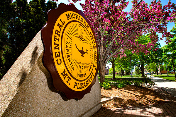 The Central Michigan Univerity seal on Warriner Mall.
