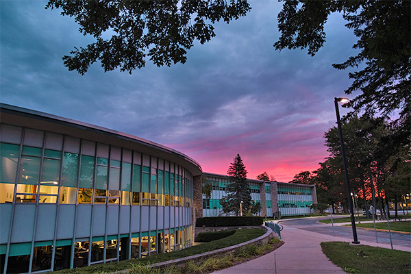 Exterior view of Bovee University Center at sunset