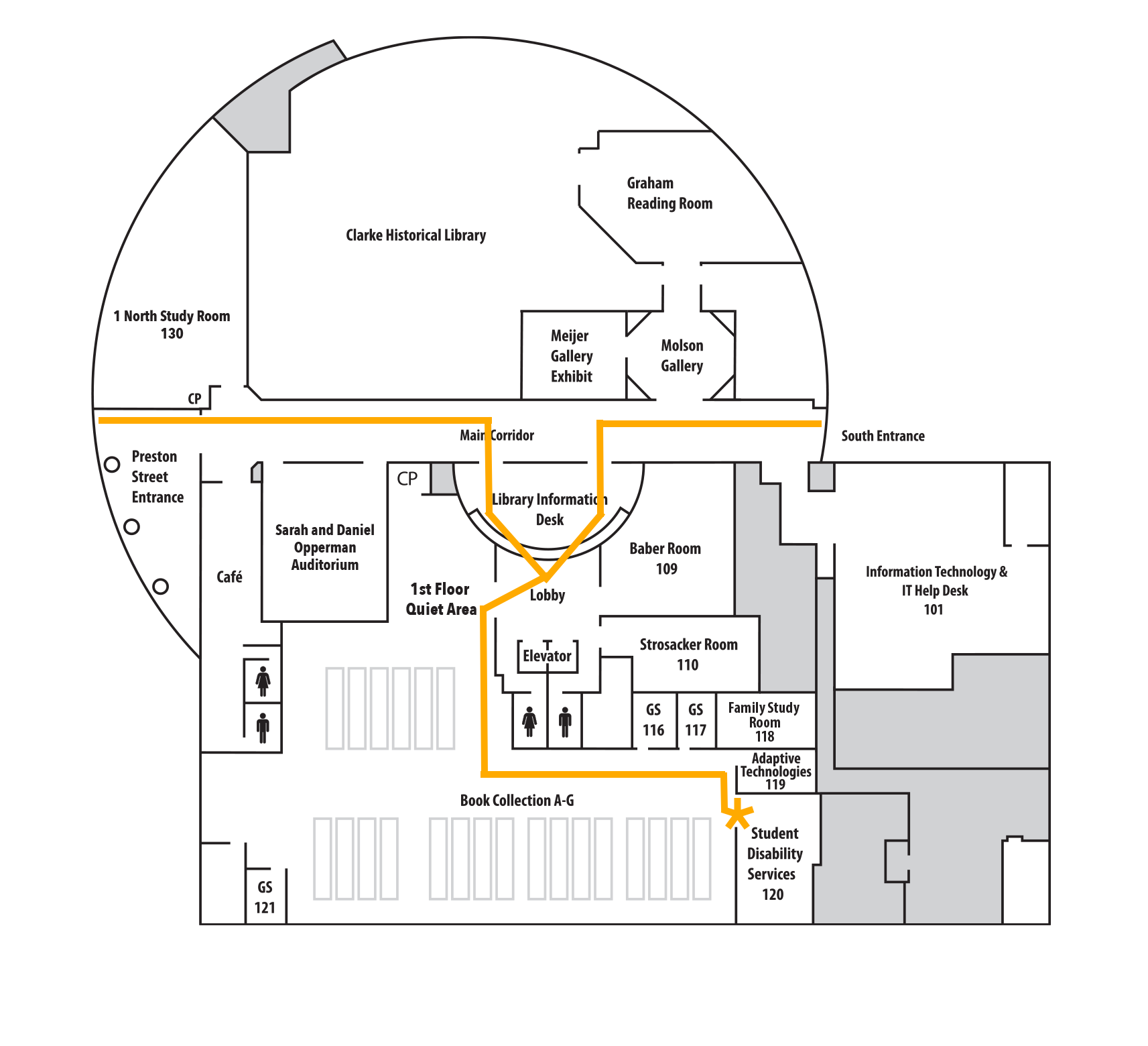 Our office is located in Park Library 120. Go through the sliding glass doors located to the right of the elevators in the first floor lobby, and then follow the hallway around to the left until you reach our office. You will need your ID to enter, or just knock on the door.