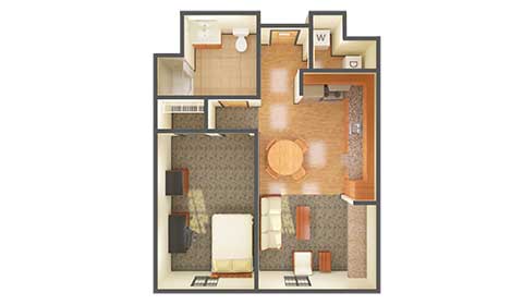 Bird's-eye-view of one-bedroom graduate housing layout