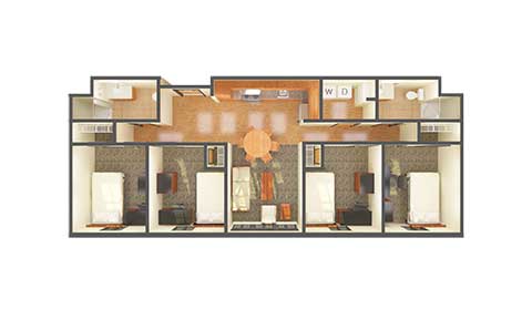 A bird's-eye-view of the four-bedroom graduate housing layout