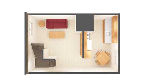 Bird's-eye-view of lower level one-bedroom Northwest Apartment