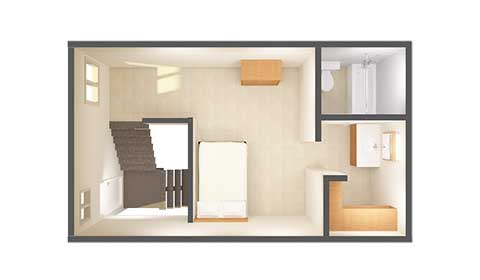 Bird's-eye-view of upper level one-bedroom Northwest Apartment