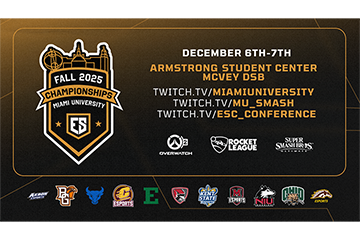 An announcement that Esports postseason will take place Dec. 6-7 and can be viewed through three Twitch.TV channels: Miamiuniversity, MU_Smash and ESC_Conference.