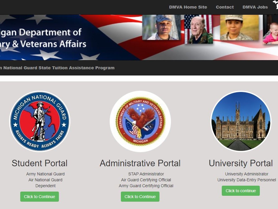 The website homepage for the Michigan National Guard State Tuition Assistance Program has three different portal options: student portal, administrative portal, and university portal.