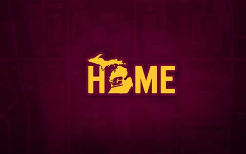 Gold Colored Home logo where o designed as Michigan map with Maroon background