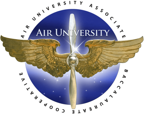 The Air University logo which has gold wings on a blue circle background.