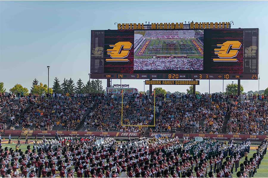 Photo of the fans watching the Marching Chippewas and local bands at the 2023 Band Day halftime event