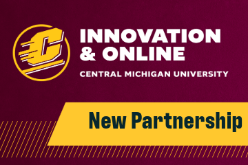 This is a graphic with a maroon background and the CMU Innovation and Online lock up at the top and the words New Partnership in black on a gold banner.