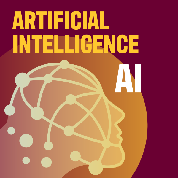 Graphic with the words Artificial Intelligence AI at the top a maroon background, and a gold circle with a face depicting the interconnectivity of AI