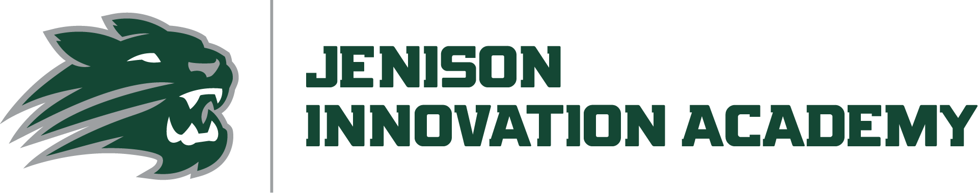 Jenison Innovation Academy logo featuring a stylized green wildcat head with gray accents on the left and bold dark green text reading 