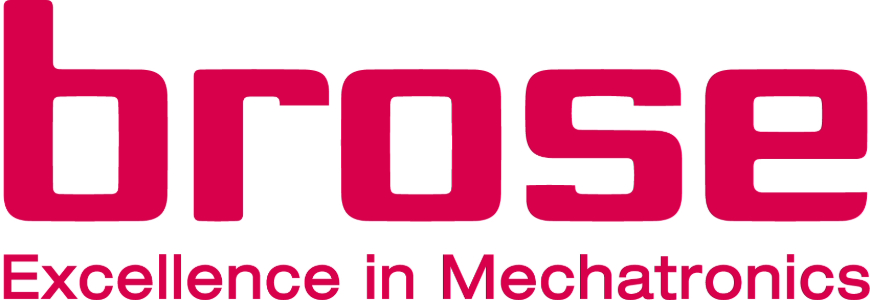This is a logo of Brose North America, Inc. The words are brose on the top line and in lower case with Excellence in Mechatronics below, all in red with a transparent background.