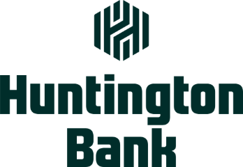 The Huntington Bank logo is in black with a transparent background.  The hexagon shaped logo with an H in the middle is at the top with the words Huntington Bank below it.