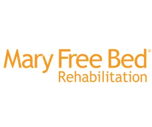 The logo is the words Mary Free Bed in orange camel case letters with the word Rehabilitation also in orange in camel case on the second line and left justified