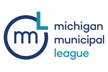Michigan Municipal League logo with two letter Ms in the center of a circle in navy and the letter L in the top right of the circle.