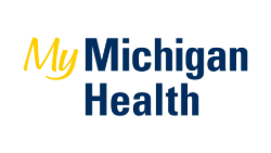 The MyMichigan Health logo is on a white background with My in gold using a brush script and Michigan Health in blue block letters