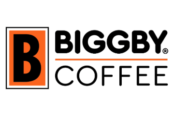 The Biggby Coffee logo with a large black upper case B surrounded by an orange rectangle encased in a white then black frame. To the right is the word Biggby in puffy black letters, an orange line underneath and underneath that is the word Coffee