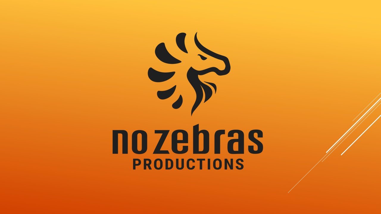 A graphic with a yellow/orange background with the logo for No Zebras Productions in black text and an icon of a zebra's head.