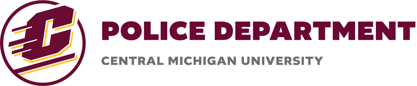 Horizontal Police Department logo on a transparent background with a maroon and gold Action C that reads Police Department in maroon font and Central Michigan University in gray font.