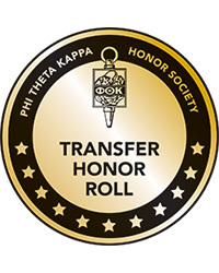 PTK Transfer Honor Roll Logo Circular seal with the text Phi Theta Kappa Honor Society Transfer Honor Roll in gold.