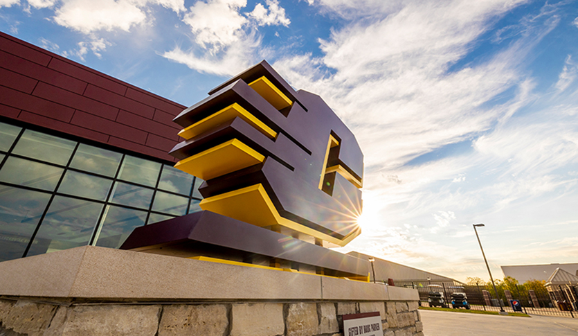 A sculpture depicting CMU's flying C