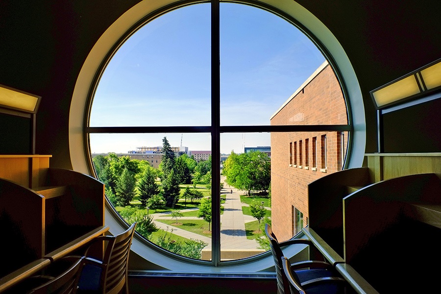 View of campus from circular widow in library