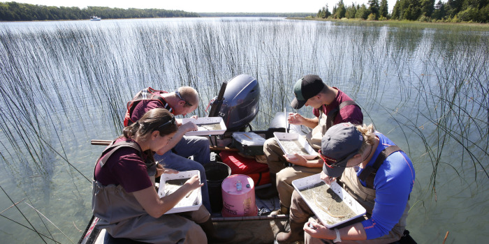 giving_cmuimpact_700x350 Four CMU student researchers in chest waders aboard a motorboat examining aquatic samples in white trays on a lake.