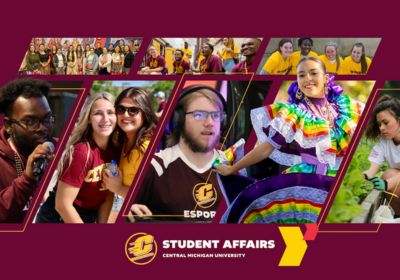 A collage of photos showing several students involved with Student Affairs events, programs, and activities. The logo with text Student Affairs is centered at the bottom.