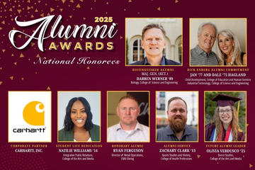7 headshots on a maroon background with 2025 Alumni Awards logo and text "National Honorees".. Text indicates award, recipient names, and degree information. This information is replicated on the page and available on each biography.
