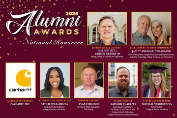 7 headshots on a maroon background with 2025 Alumni Awards logo and text National Honorees.. Text indicates award, recipient names, and degree information. This information is replicated on the page and available on each biography.