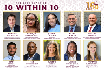 Text on top reads the 2025 Class of 10 Within 10. Image contains 2 rows of 5 for a total of 10 headshots of individuals with names, grad years, and colleges listed beneath. This information is on each individual's biography within the story.