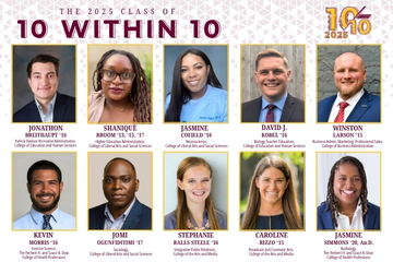 Text on top reads the 2025 Class of 10 Within 10. Image contains 2 rows of 5 for a total of 10 headshots of individuals with names, grad years, and colleges listed beneath. This information is on each individual's biography within the story.
