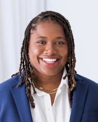 a woman in a blue suit