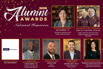 7 headshots on a maroon background with 2026 Alumni Awards logo and text National Honorees. Text indicates award, recipient names, and degree information. This information is replicated on the page and available on each biography.