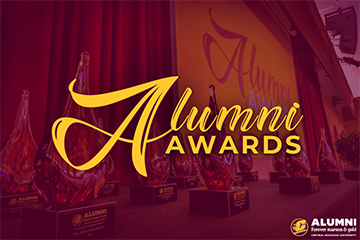 Award statues image with a maroon overlay. The text Alumni Awards is on the photo in gold.