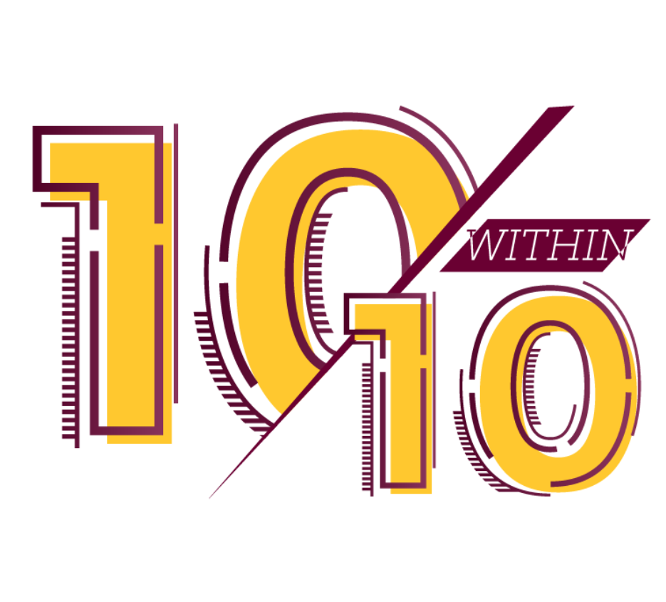 The number ten over another ten with a maroon slash, spelling 10 within 10.