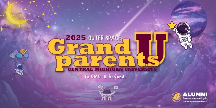 2025 CMU Grandparents U logo with a vibrant purple outer space theme.