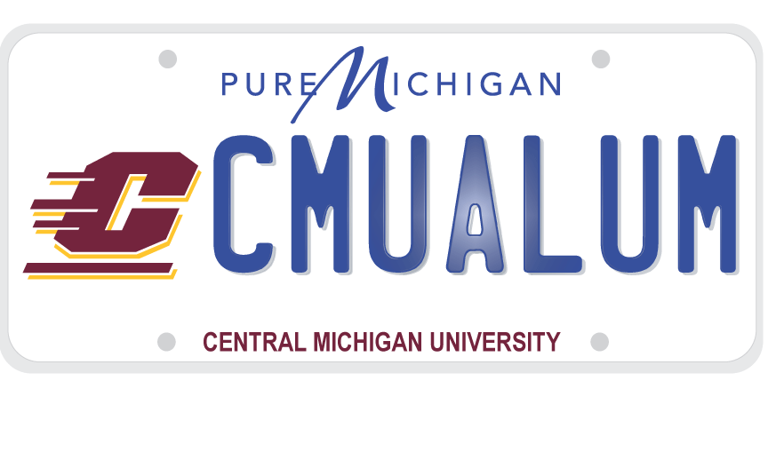 A picture of a CMU alumni license plate with the maroon and gold action c.