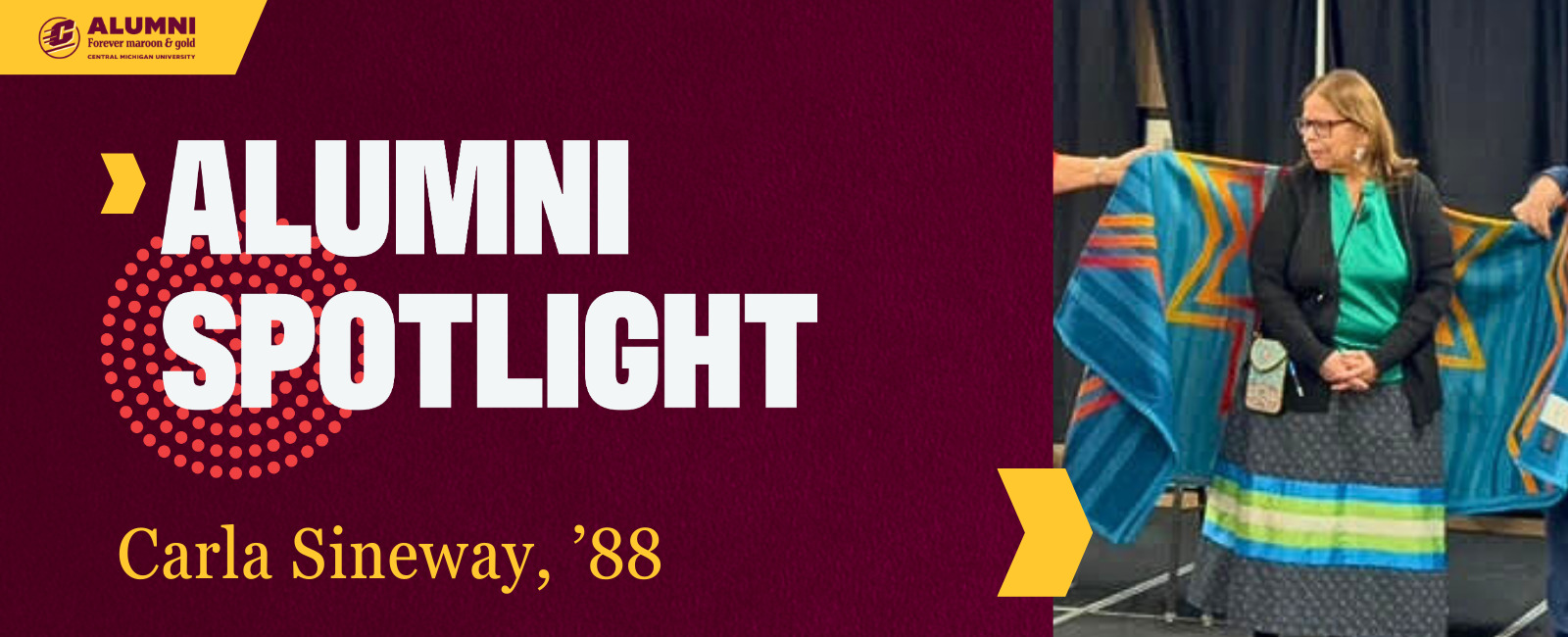 carlasineway_header_1600x650 A Central Michigan University Alumni Spotlight graphic featuring Carla Sineway, '88. Carla is wearing a green top and long patterned skirt, standing in front of a blue and gold star quilt being held up behind her.