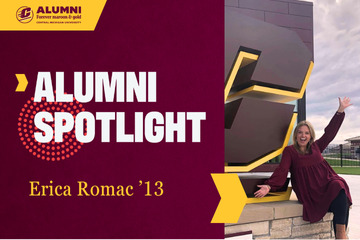 A CMU Alumni Spotlight graphic featuring an image of Erica Romac, '13, standing next to Action C statue in front of football stadium.
