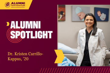 Central Michigan University Alumni Spotlight graphic featuring Dr. Kristen Carrillo-Kappus, class of 2020, wearing a white medical lab coat in a clinical setting.