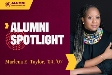 Central Michigan University Alumni Spotlight graphic for Marlena E. Taylor, Class of 04 and 07. Marlena is pictured in a black top and a vibrant, multi-colored beaded collar necklace against a dark background.
