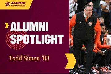 White heading reads Alumni Spotlight, gold text reads Todd Simon '03, CMU Alumni logo in the top left corner, a graphic featuring an image of Todd Simon, '03, standing on the basketball court coaching in Bowling Green orange and black colors.
