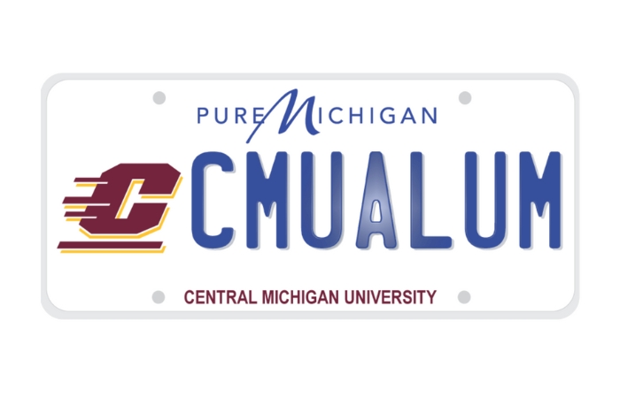A picture of a CMU alumni license plate with the maroon and gold action c.