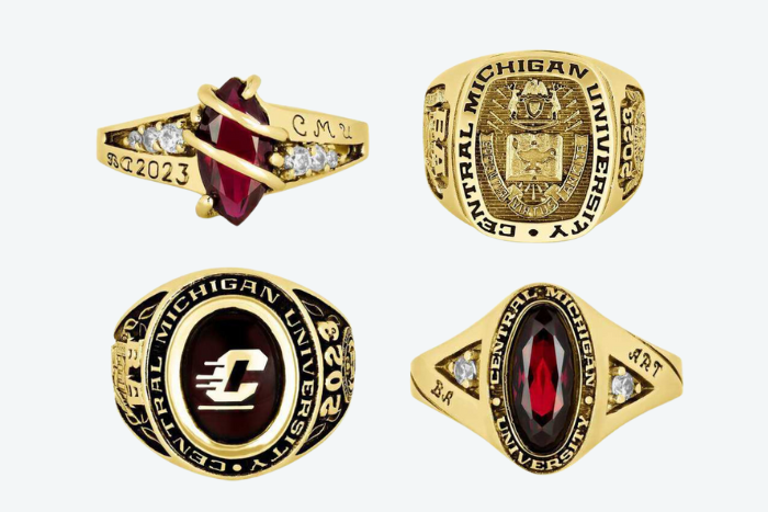 Four variations of maroon and gold class ring jewelry.